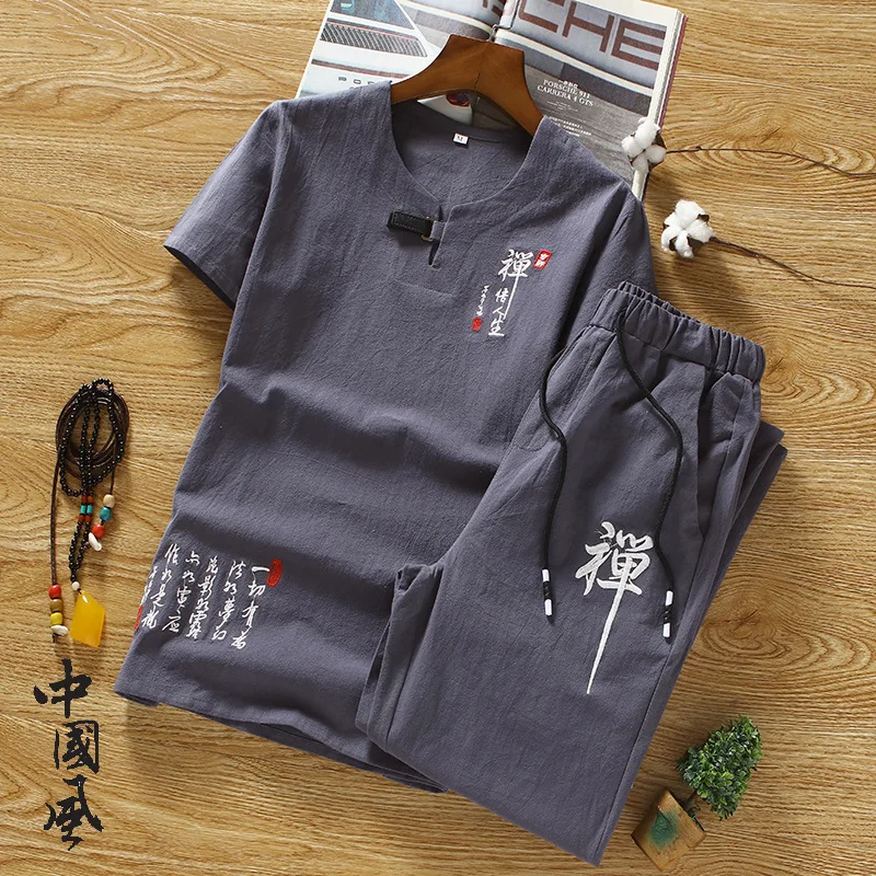 

M-5XL мужская одежда в китайском этническом стиле, хлопковые льняные костюмы в традиционном китайском стиле, топы с короткими рукавами и выши...