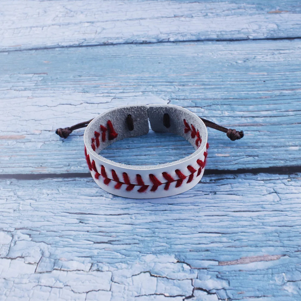 Softball Baseball Genuine Leather Red Stitches Adjustable Wide Bracelets Fashion Punk Style Baseball Cuff Wrists Custom Jewelry
Softball Baseball Genuine Leather Red Stitches Adjustable Wide Bracelets Fashion Punk Style Baseball Cuff Wrists Custom Jewelry