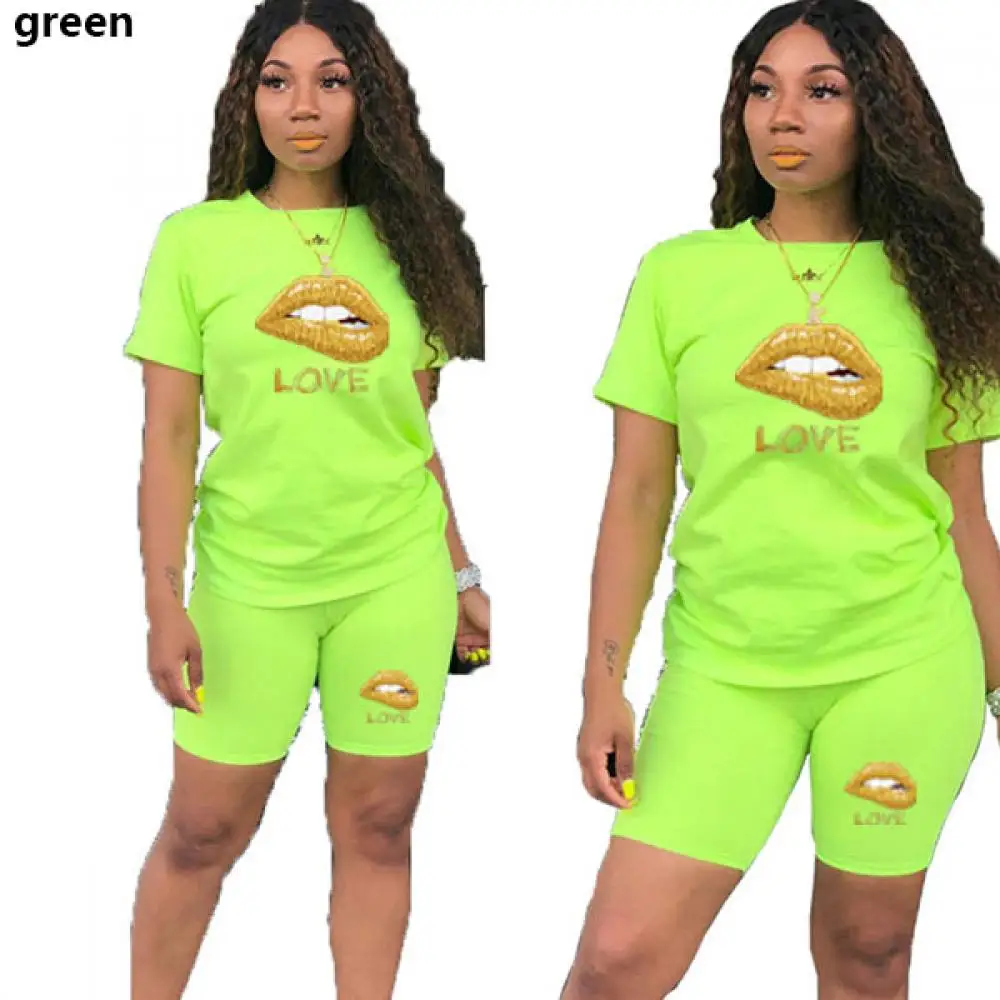 Women Short Sleeve Lips Printed T-shirt Top Elastic Waist Shorts Two Pieces Casual Style Outfit Female O-Neck Legging Pants Suit
Women Short Sleeve Lips Printed T-shirt Top Elastic Waist Shorts Two Pieces Casual Style Outfit Female O-Neck Legging Pants Suit