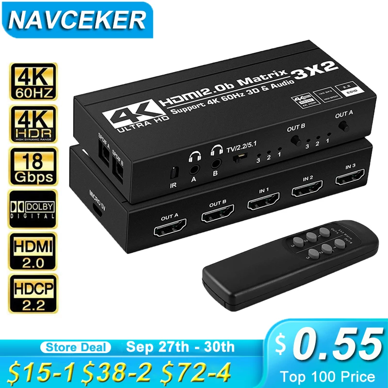 2022 3x2 Matrix Switch Splitter with SPDIF and L/R 3.5mm HDR HDMI-compatible Switch 4x2 Support HDCP 2.2 ARC 3D 4K@60Hz for PS5
2022 3x2 Matrix Switch Splitter with SPDIF and L/R 3.5mm HDR HDMI-compatible Switch 4x2 Support HDCP 2.2 ARC 3D 4K@60Hz for PS5