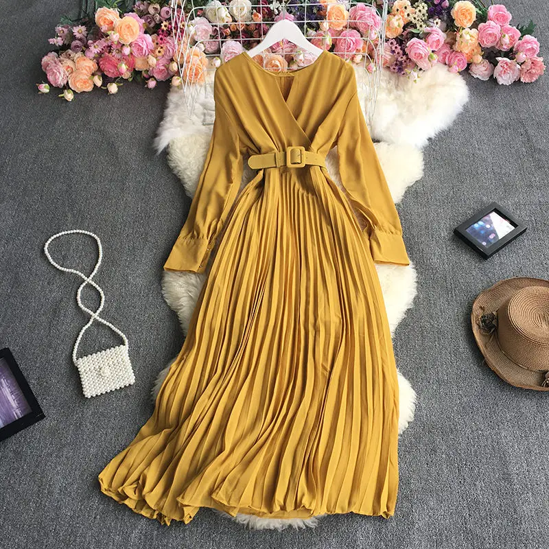 Spring Chic Fashion Pleated Vintage Dress V Neck Tie Up Female A-Line Long Sleeve Korean High Waist Zipper Lady Maxi Dress M370
Spring Chic Fashion Pleated Vintage Dress V Neck Tie Up Female A-Line Long Sleeve Korean High Waist Zipper Lady Maxi Dress M370