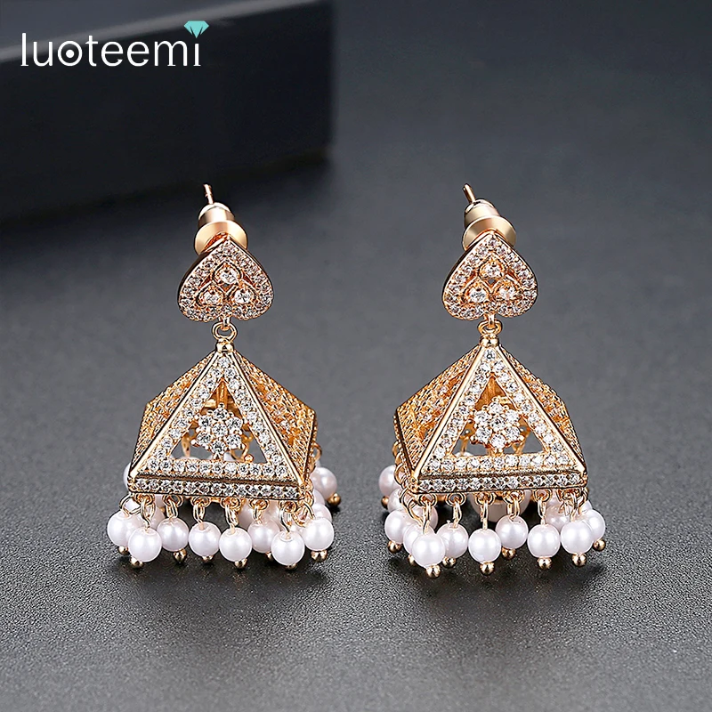 

LUOTEEMI Bohemia Style CZ Stone& Imitation Pearl Crown Statement Dangle Earrings For Women Tower Design Champagne Gold Jewellery