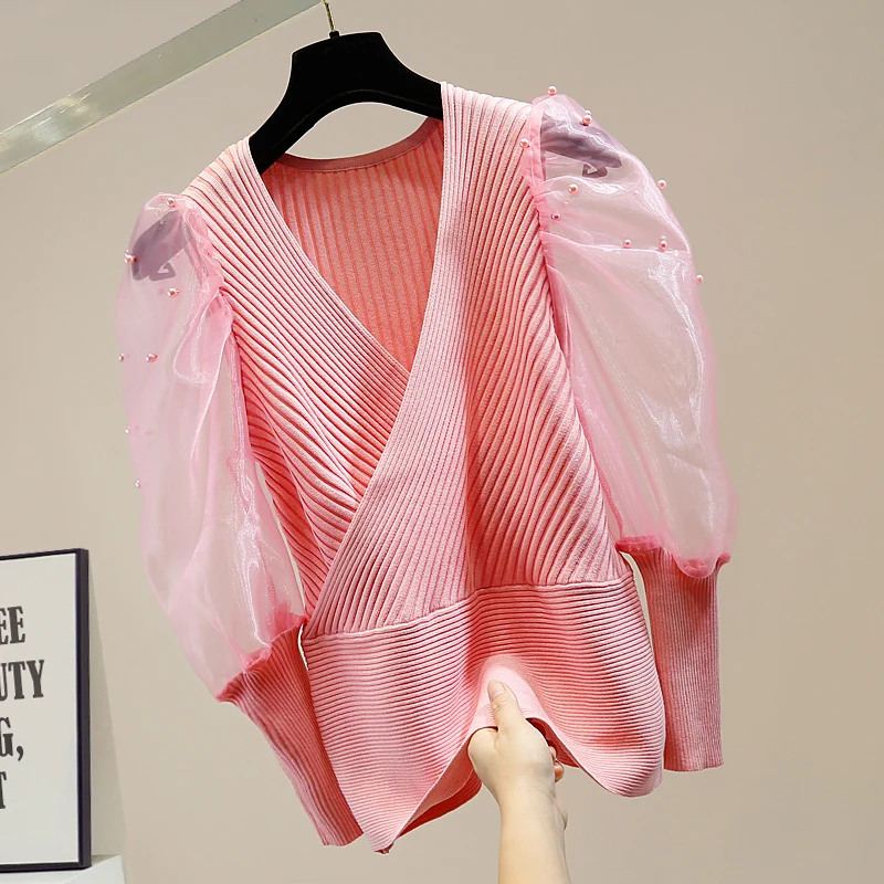 Sweater Shirt Woman Heavy Industry Beaded Stitching Perspective Puff Sleeve Cross V-neck Waist Hugging Sweaters Women's Top
Sweater Shirt Woman Heavy Industry Beaded Stitching Perspective Puff Sleeve Cross V-neck Waist Hugging Sweaters Women's Top