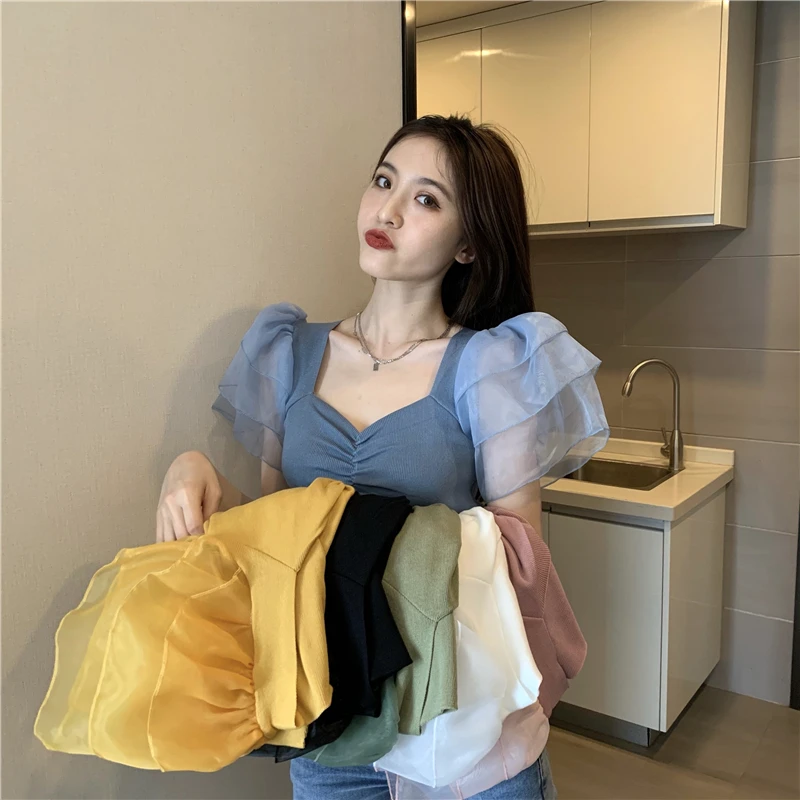 Patched Short Puff Mesh Sleeve Sweater Tees Crop Tops Woman Slim Solid Spring Knitted Pullover Thin Tee Shirts Female
Patched Short Puff Mesh Sleeve Sweater Tees Crop Tops Woman Slim Solid Spring Knitted Pullover Thin Tee Shirts Female