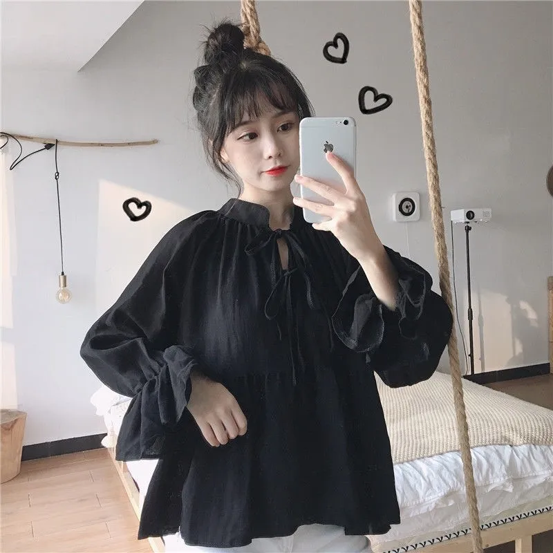Korean doll shirt japanese mori girl blouse design loose women solid color white and black blouses long sleeve tops female
Korean doll shirt japanese mori girl blouse design loose women solid color white and black blouses long sleeve tops female