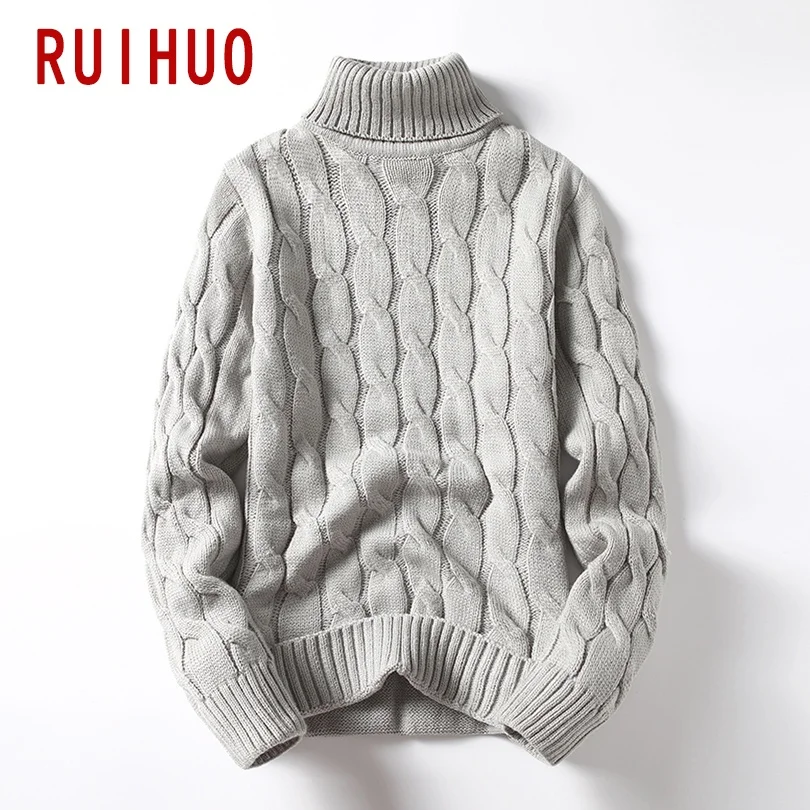 Фото Однотонный вязаный свитер RUIHUO с высоким воротником Мужская одежда водолазка