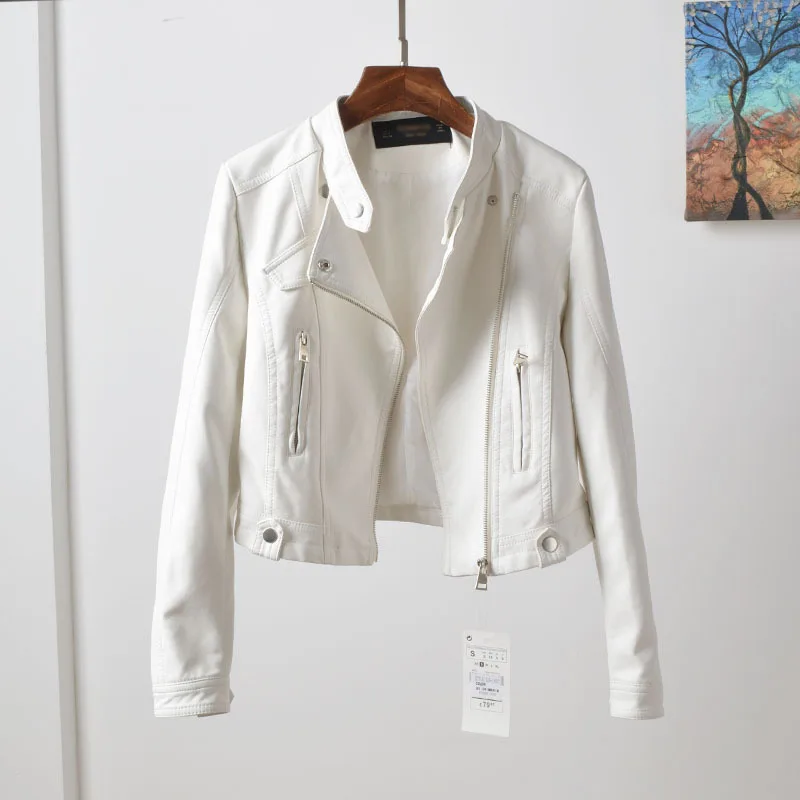 Модная белая куртка из искусственной кожи Женская облегающая Байкерская