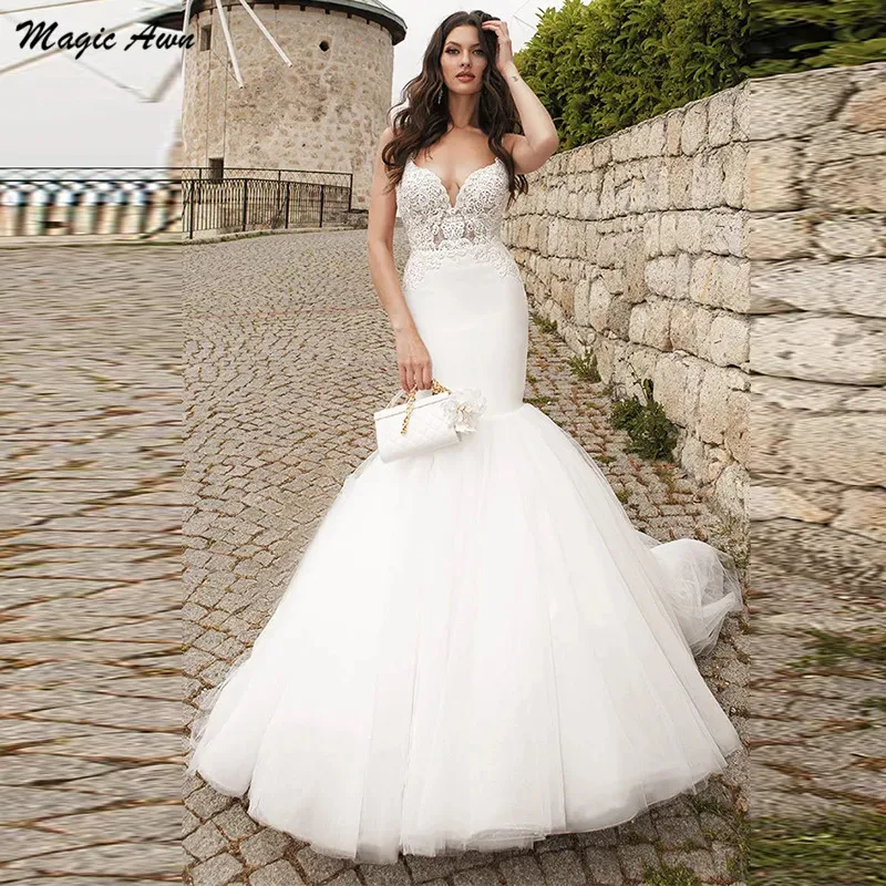 

Magic Awn Beach Mermaid Wedding Dresses Lace Appliques Spaghetti Straps Illusion Bodice Country Mariage Gowns Open Back Vestidos