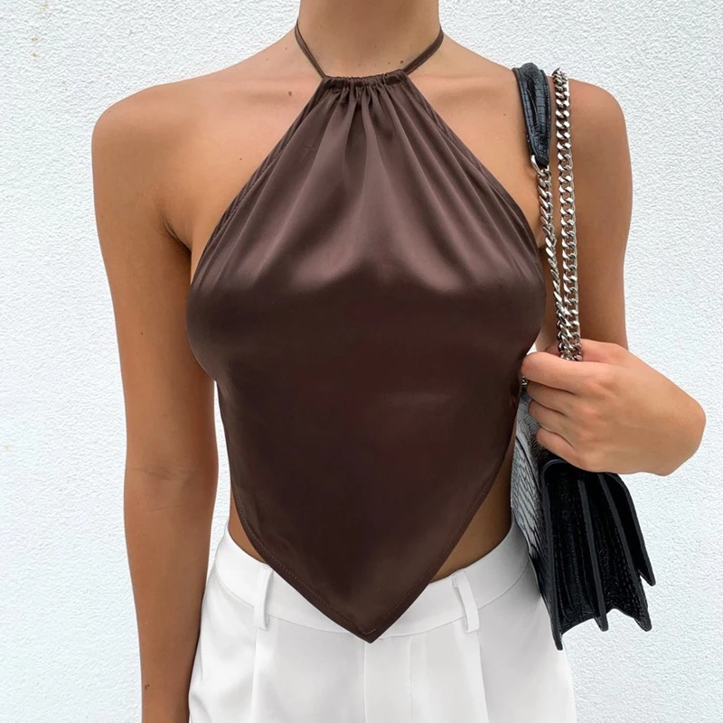 Brown Satin Silk Backless Bandage Top Y2K Sleeveless Halter Cropped Vest Sexy Women Club Streetwear Irregular Hem Cami Top 
Brown Satin Silk Backless Bandage Top Y2K Sleeveless Halter Cropped Vest Sexy Women Club Streetwear Irregular Hem Cami Top