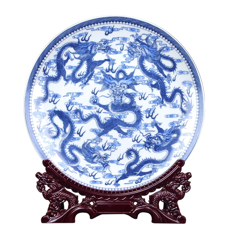 Blue and White Art Ceramic Ornamental Plate Ancient China Five Dragons Decoration Wood Base Porcelain Traditional Chinese Plate
Blue and White Art Ceramic Ornamental Plate Ancient China Five Dragons Decoration Wood Base Porcelain Traditional Chinese Plate
