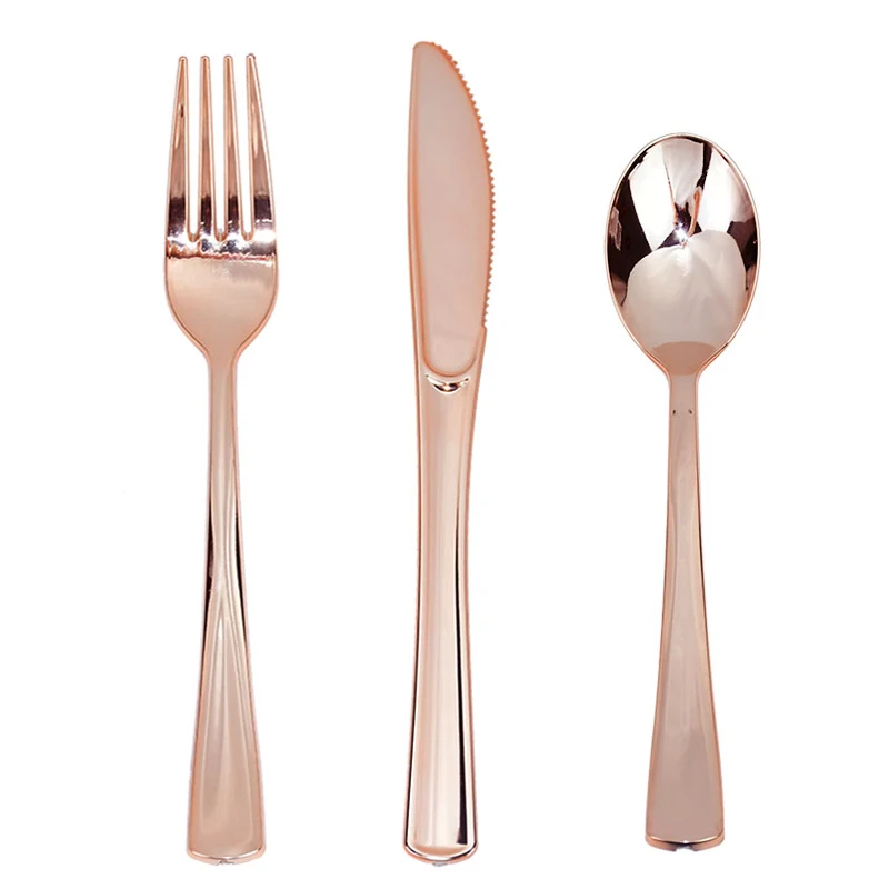 18Pcs Rose Gold Plastic Disposable Tableware Dessert Knives Forks Spoon Wedding Birthday Party Decoration Supplies Cutlery Set - купить по