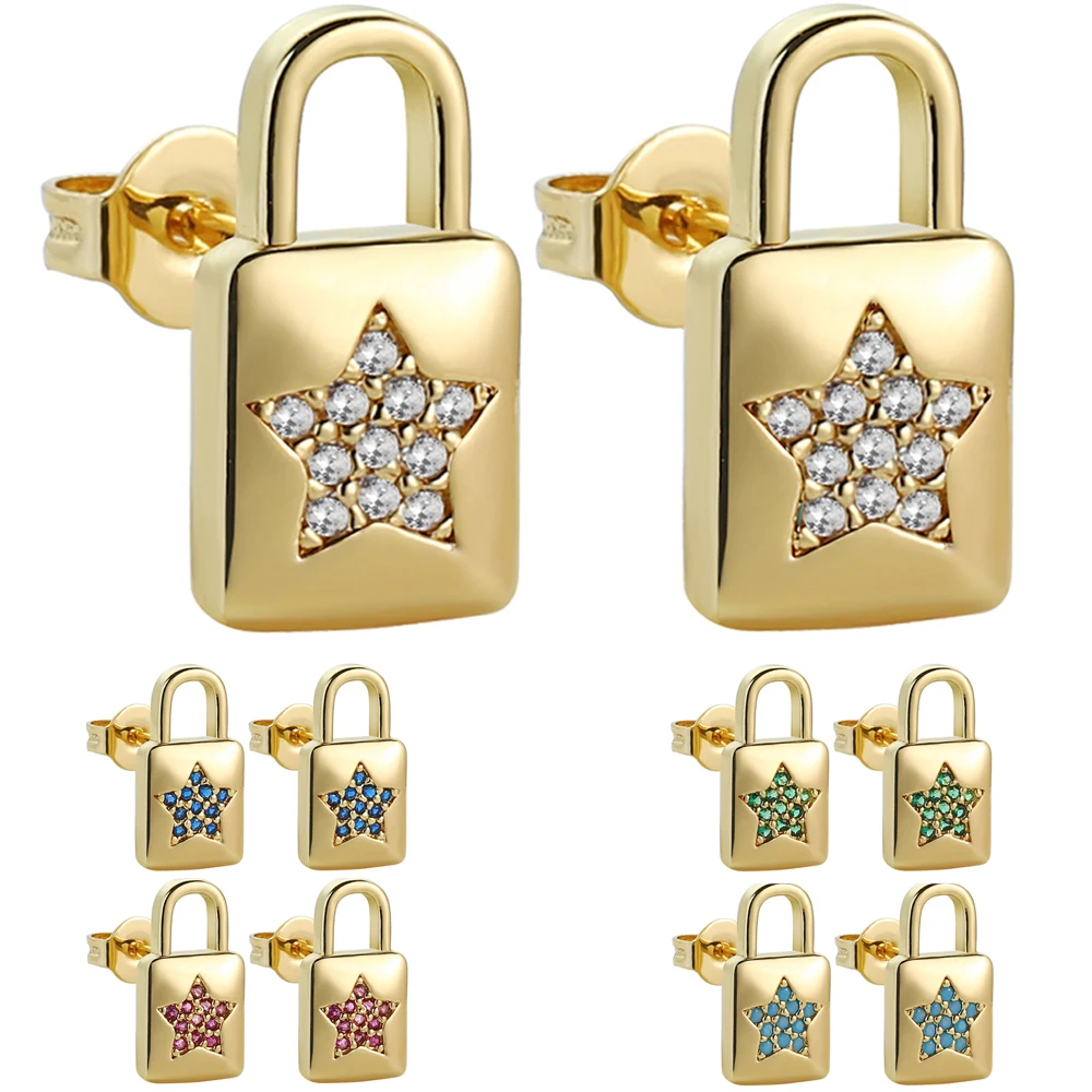 New Micro Pave Colorful Zircon Clear CZ lock Shape Star Earrings Gold Color Stud Copper Earrings For Women Party Jewelry
New Micro Pave Colorful Zircon Clear CZ lock Shape Star Earrings Gold Color Stud Copper Earrings For Women Party Jewelry