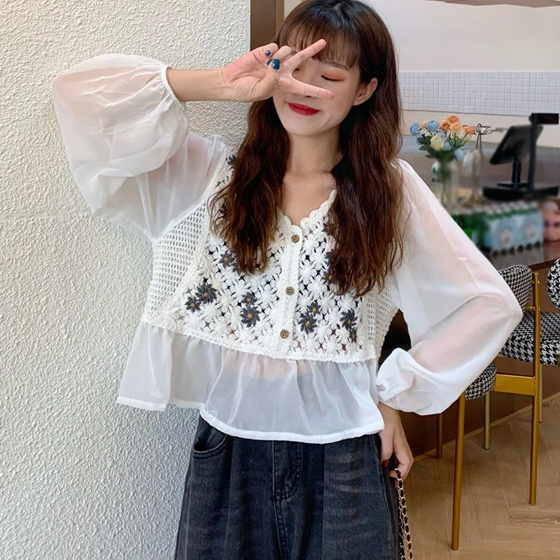 French Style Small Fresh Design Sense Hollow Crochet Long Sleeve Chiffon Blouse Top
French Style Small Fresh Design Sense Hollow Crochet Long Sleeve Chiffon Blouse Top
