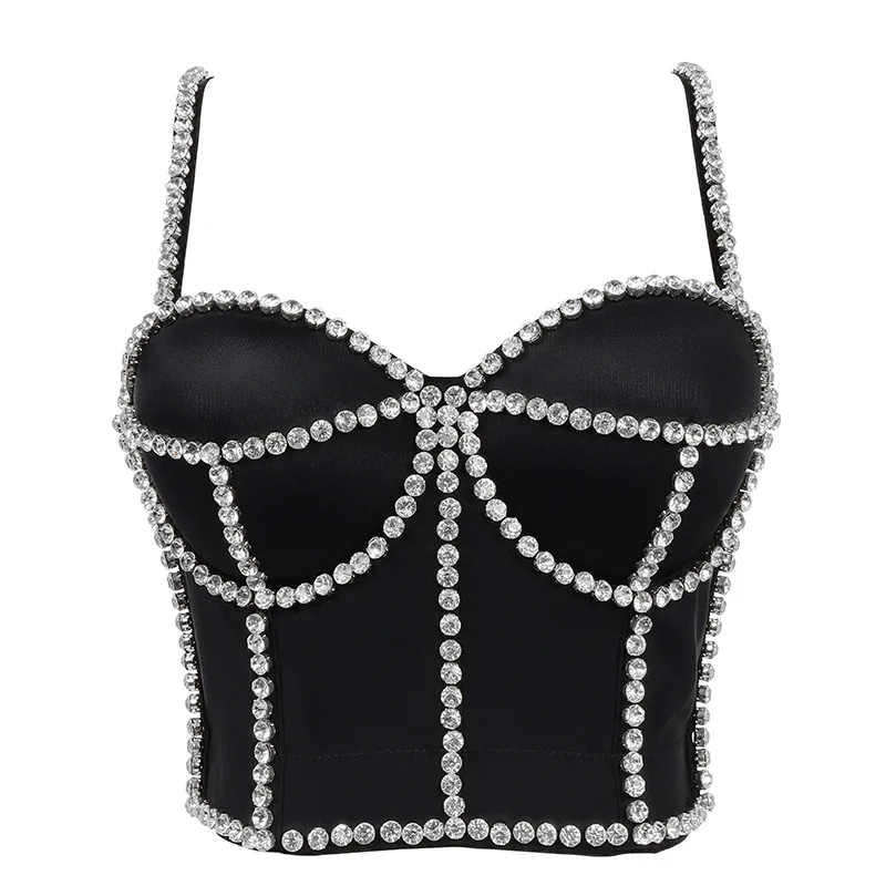 

Fashion Spaghetti Strap Cropped Tops Vintage Backless Black Cami Top Party Club Celebrity Vest Caims Beading Bra