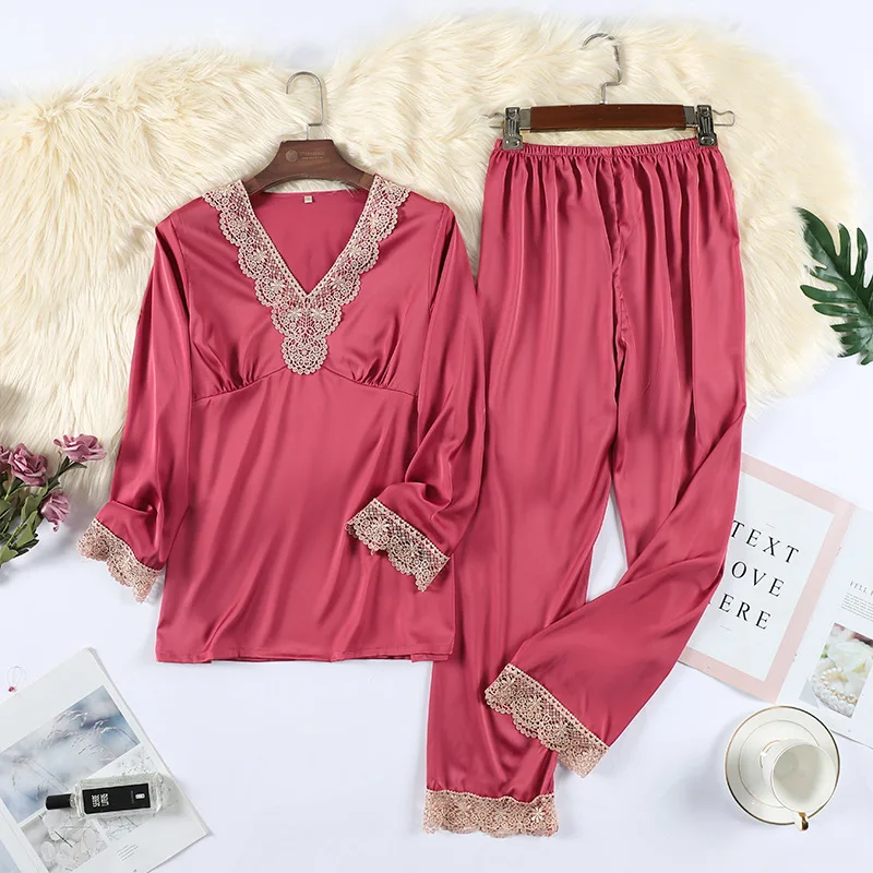 2PCS V-Neck Sleepwear Women Satin Pajamas Set 2021 Spring Summer New Nightwear Logn Sleeve Rayon Pyjamas Suit Thin Home Wear
2PCS V-Neck Sleepwear Women Satin Pajamas Set 2021 Spring Summer New Nightwear Logn Sleeve Rayon Pyjamas Suit Thin Home Wear