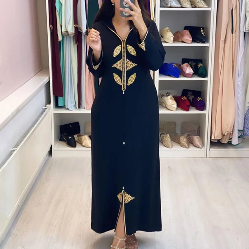 Autumn Winter New Womens Dress Fashion Muslim Hooded Long Sleeve Bronzing Flower Pure Black Wide Dress Ladies Party Dresses
Autumn Winter New Womens Dress Fashion Muslim Hooded Long Sleeve Bronzing Flower Pure Black Wide Dress Ladies Party Dresses