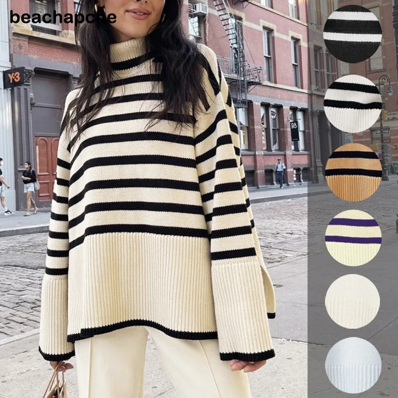 Beachapche 2021 Early Autumn Women Turtleneck Sweater Pullover Hem Slit Loose Stripes Long Sleeve Warm Female Retro Jumper Tops
Beachapche 2021 Early Autumn Women Turtleneck Sweater Pullover Hem Slit Loose Stripes Long Sleeve Warm Female Retro Jumper Tops