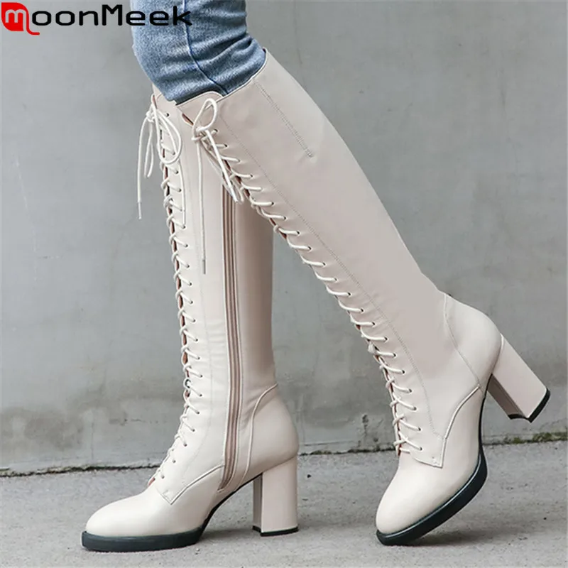 

MoonMeek 2021 Genuine Leather Boots Thick High Heels Round Toe Lace Up Knee High Boots Winter Women Boots Black Rice White