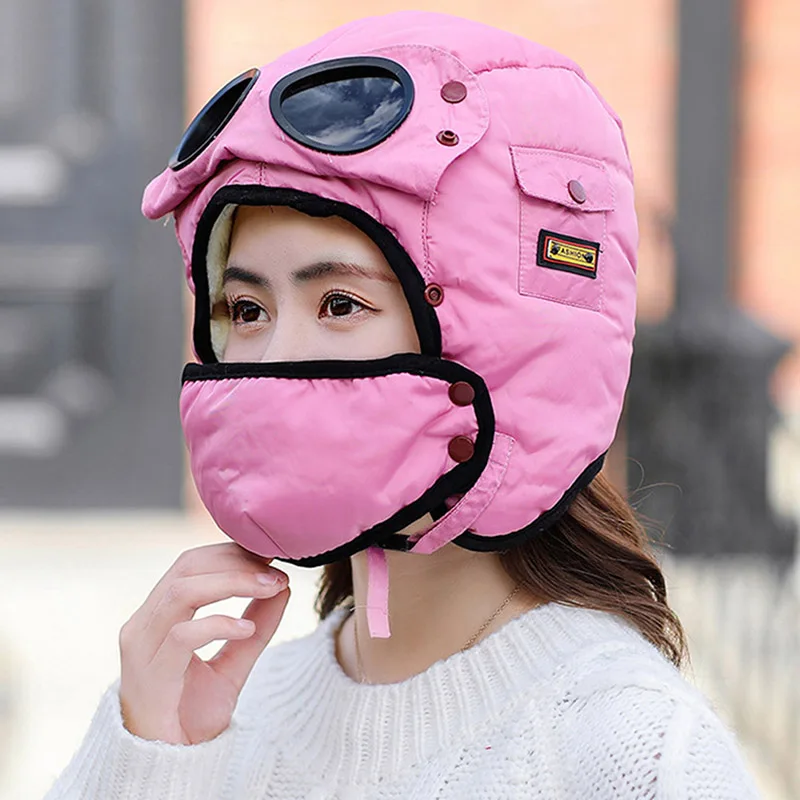 High Winter Trapper Hat Mask Eyeglasses Scarf Windproof Fleece Lined Ski Cap Set for Outdoor DSM | Аксессуары для одежды