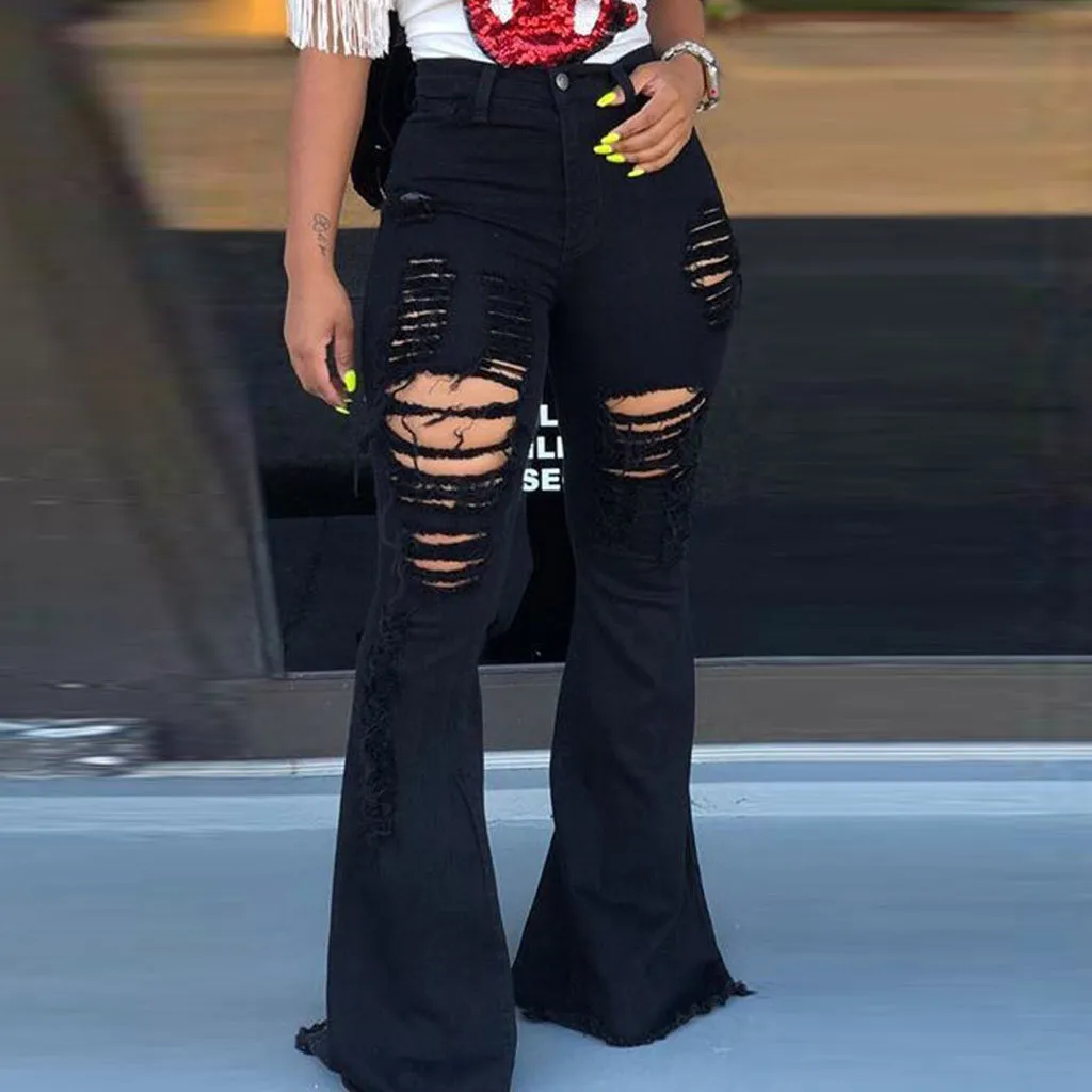 Fashion Ripped Jeans For Women High Waist Button Zipper Flares Trousers Jeans Hole Casual Denim Pants High Elastic Regular Pant
Fashion Ripped Jeans For Women High Waist Button Zipper Flares Trousers Jeans Hole Casual Denim Pants High Elastic Regular Pant