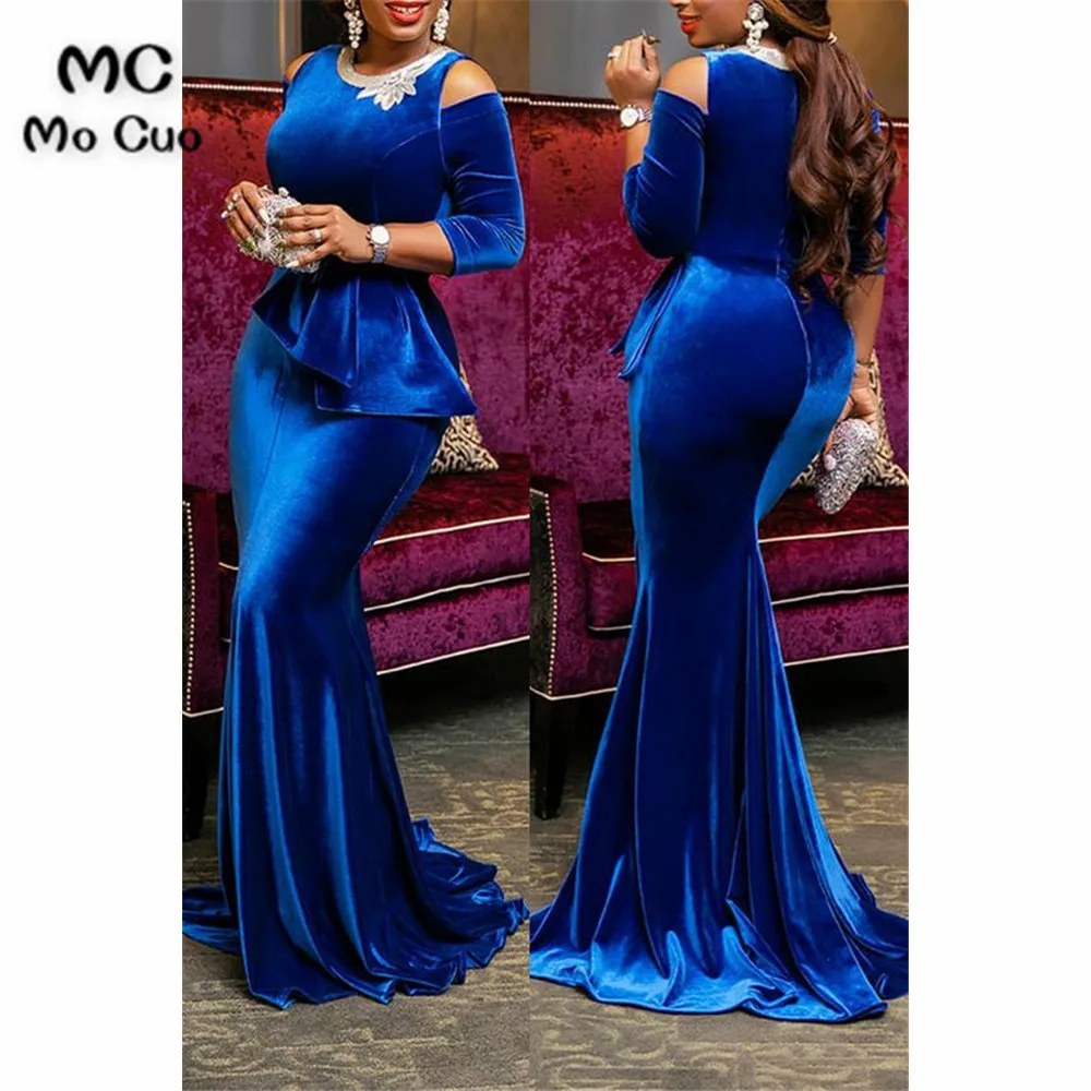 Royer Blue Mermaid Evening Dresses Long 3/4 Sleeves Scoop Velvet Fabric Ruffles Beaded Formal Evening Party Dress 
Royer Blue Mermaid Evening Dresses Long 3/4 Sleeves Scoop Velvet Fabric Ruffles Beaded Formal Evening Party Dress