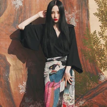 2023 Woman Japanese Kimono Style Maid Print with bandage Split long sleeves Dress