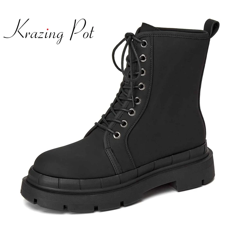krazing pot British style cow split leather round toe med heel cross-tied all-mach high street fashion lace up ankle boots L68
krazing pot British style cow split leather round toe med heel cross-tied all-mach high street fashion lace up ankle boots L68
