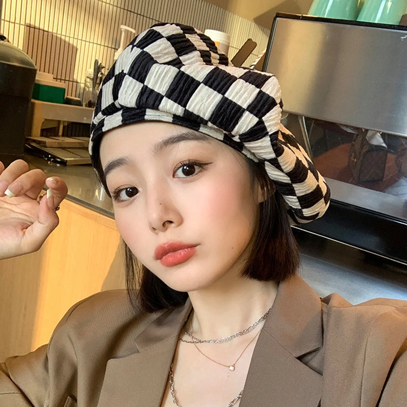 

2021 New Grid Beret Hat Fashion Brand Slyte Winter and Autumn For Woman Retro Berets Summer Girl Plaid Adjustable Painter Hat