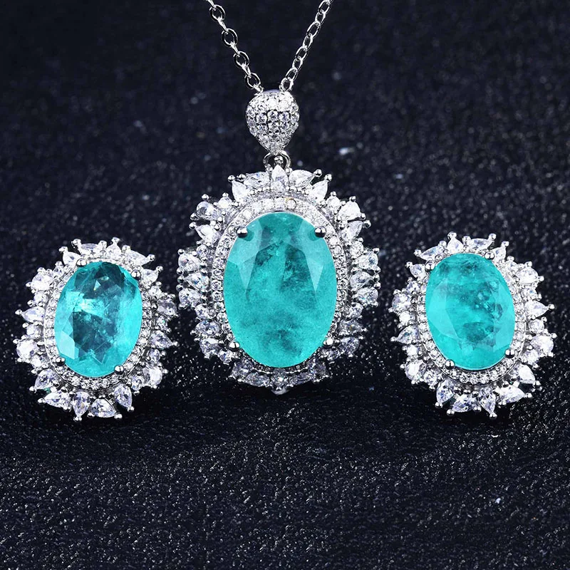 925 Sterling Silver Paraiba Temperament Jewelry Set Women CZ Wedding Earrings Emerald Gemstone Pendant Necklace Resizable Ring
925 Sterling Silver Paraiba Temperament Jewelry Set Women CZ Wedding Earrings Emerald Gemstone Pendant Necklace Resizable Ring