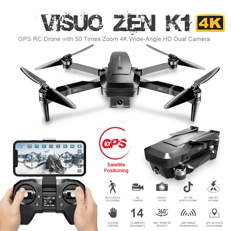 Беспилотник ZEN K1 Радиоуправляемый с 50 кратным зумом 4K широкоугольной HD двойной