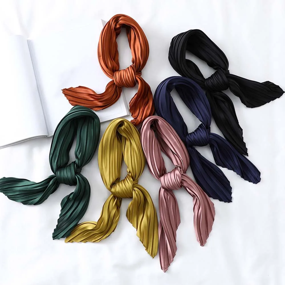 Hot Sell Elegant Women's Small Silk Square Scarf Satin Solid Color Ladies Pleated Twill Stretchy Scarves Foulard Neckerchief |