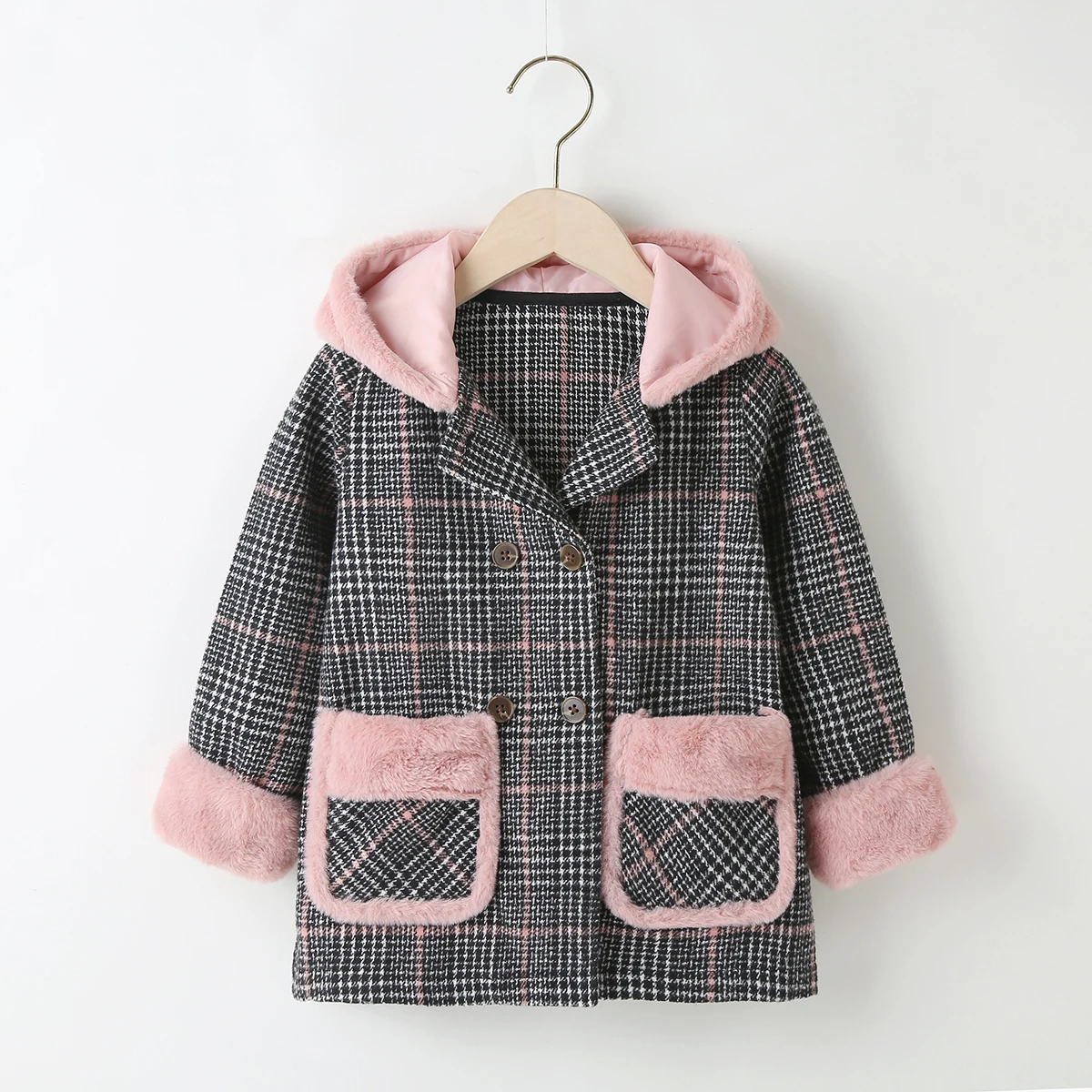 Girls' woolen coat, children's clothing, checkered hooded jacket, coat, winter clothing for little girls
Girls' woolen coat, children's clothing, checkered hooded jacket, coat, winter clothing for little girls