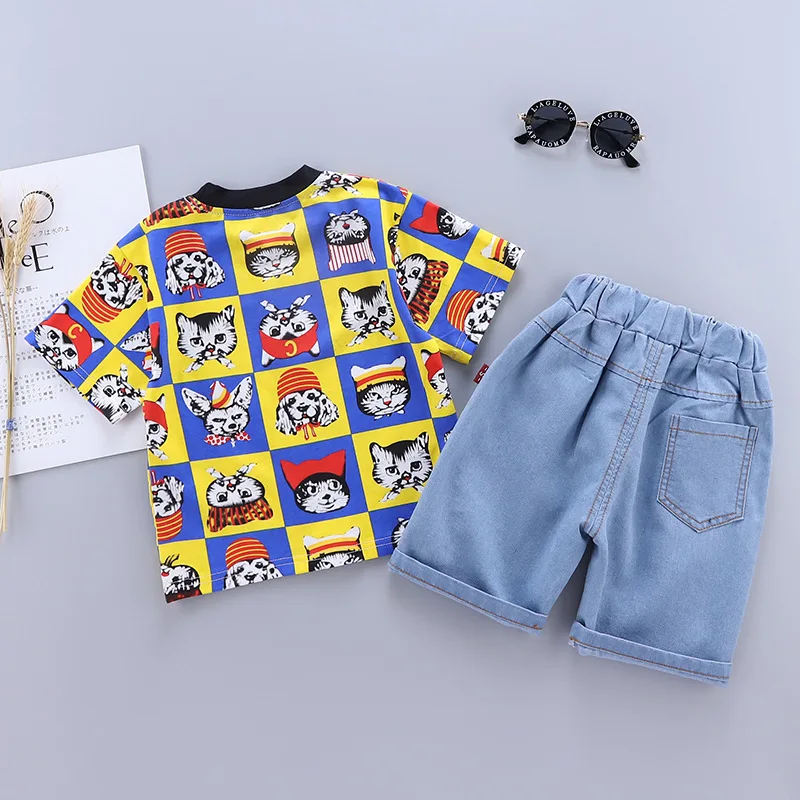 Hot Sale Summer Children Clothing Suit Cute Animal Cat Plaid Printing Kids Clothes Fashion Short Sleeve Baby Wear for Little Boy