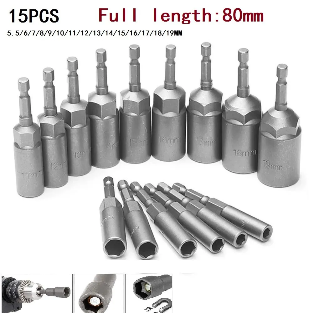15Pcs 80mm Length Deepen Power Nut Driver Drill Bit Set 5.5-19MM Impact Socket Adapter For Power Tools 6.35MM Hex 15Pcs / 10P
15Pcs 80mm Length Deepen Power Nut Driver Drill Bit Set 5.5-19MM Impact Socket Adapter For Power Tools 6.35MM Hex 15Pcs / 10P
