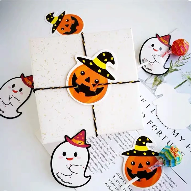 

50Pcs/lot Cute Ghost Pumpkin Lollipop Paper Card Holder DIY Halloween Gift Label Candy Decorations Trick or Treat Party Supply