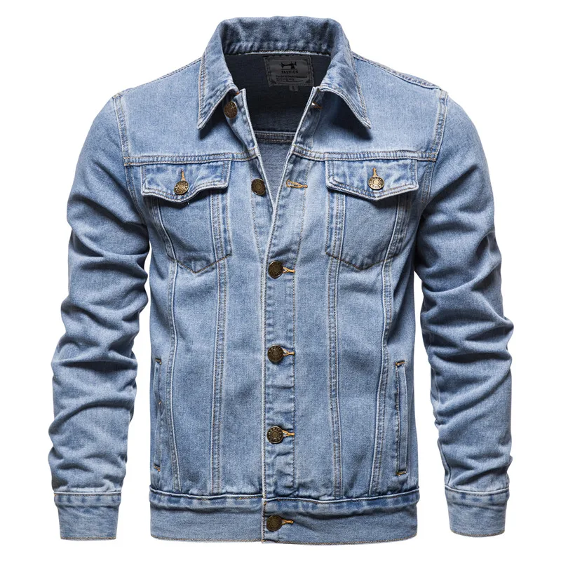 2021 Spring And Autumn New Men's Denim Jacket Casual Solid Color Lapel Single-Breasted Jeans Jacket Men's Slim Cotton Coat Jacke 
2021 Spring And Autumn New Men's Denim Jacket Casual Solid Color Lapel Single-Breasted Jeans Jacket Men's Slim Cotton Coat Jacke