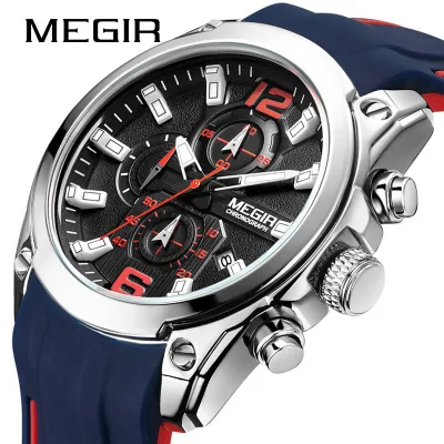 

Megir Men's Chronograph Analog Quartz Watch with Date, Luminous Hands, Waterproof Silicone Rubber Strap Wristswatch for Man