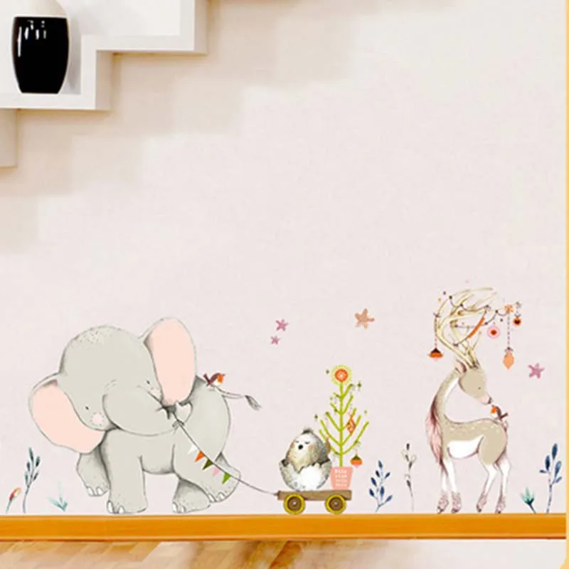 Cartoon Forest Flowe Elephant Rabbit Giraffe Animal Wall Stickers Kids Room Decoration Vinyl Wallpaper Baby Bedroom Decals | Дом и сад