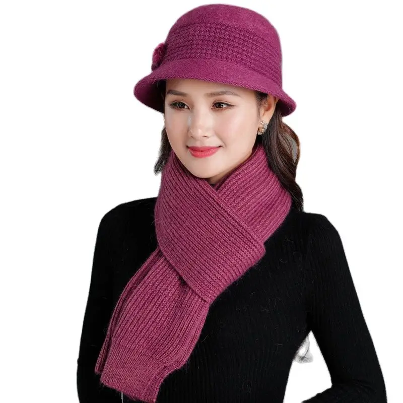 

New Year Gift Mother Rabbit Knitted Scarf Cap Women's Autumn and Winter Yarn Scarf Female Hat Winter Fur Hat Twinset