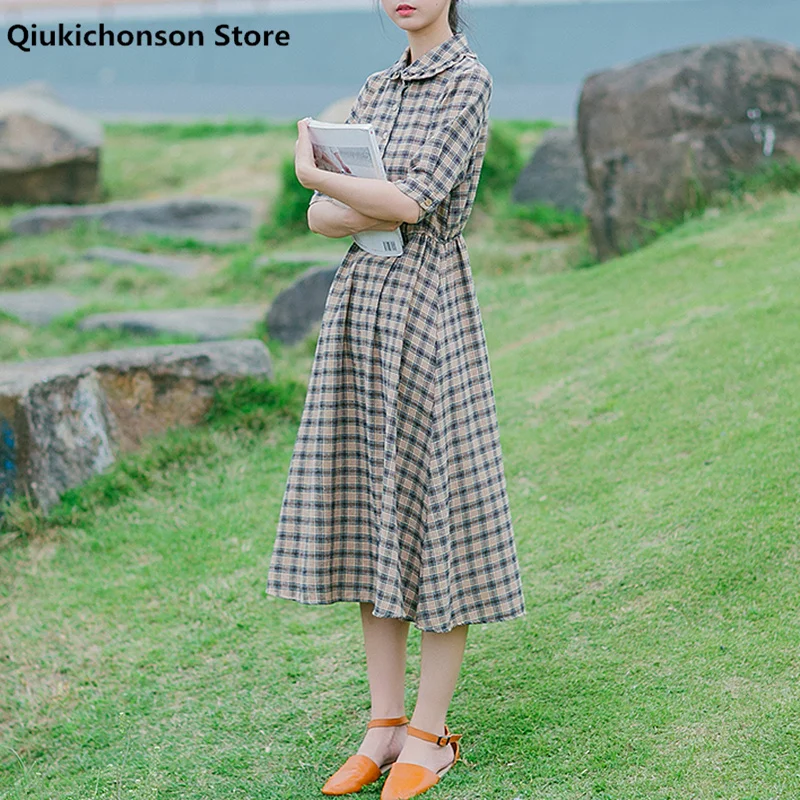Summer Short Sleeve Dress Women Literary Mori Girl Casual Frilly Peter Pan Collar High Waist A-Line Long Midi Dresses Plaid 
Summer Short Sleeve Dress Women Literary Mori Girl Casual Frilly Peter Pan Collar High Waist A-Line Long Midi Dresses Plaid