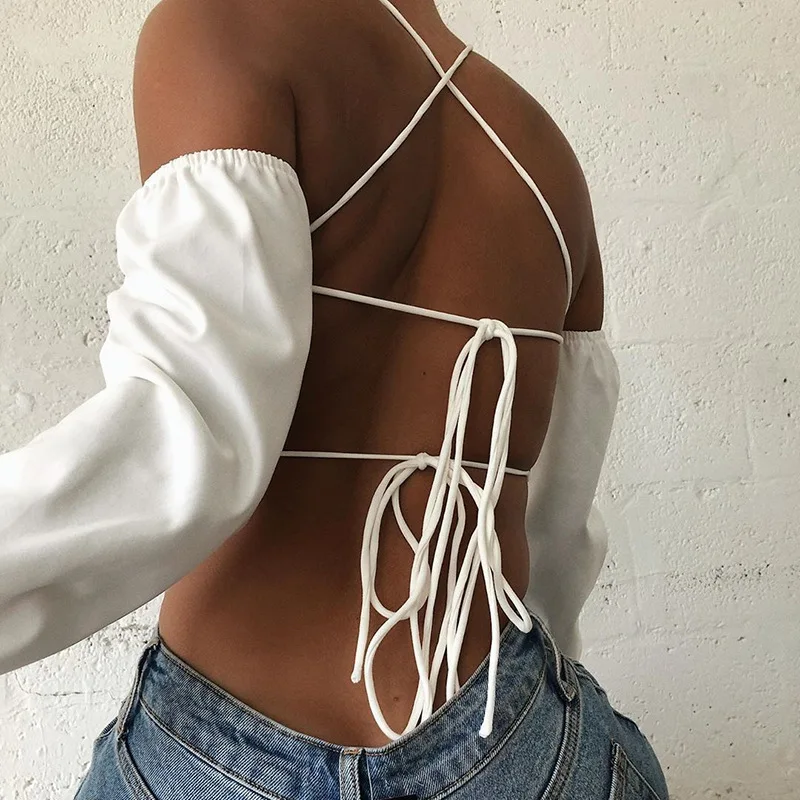 Autumn Long sleeved T-shirt Women Halter Back Hollow Out Lace up Exposed Navel Top Whit Tshirt Fashion Backless Top Tees Clothes 
Autumn Long sleeved T-shirt Women Halter Back Hollow Out Lace up Exposed Navel Top Whit Tshirt Fashion Backless Top Tees Clothes