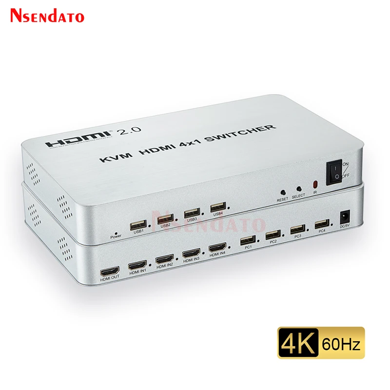 4K HDMI KVM Switch 4 Port USB Switcher 4x1 4k@60HZ box For Keyboard Mouse Printer PC To TV Monitor | Электроника