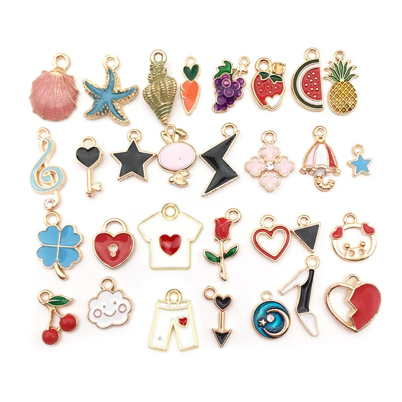 

30PCS Dripping Oil Alloy Pendants Fruit Clothes Heart Shell Charms For DIY Earrings Necklace Keychain Jewelry Making Findings