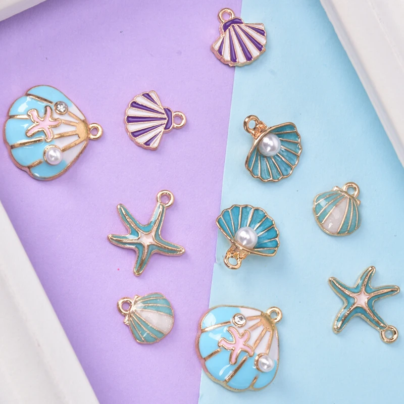 

10pcs/lot Nautical Ocea Enamel Sea Starfish Shell Conch Hippocampus Charms Colorful Oil Drop Pendant for Jewelry accessories DIY