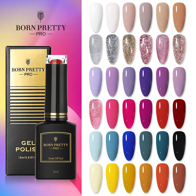 Гель-лак для ногтей BORN PRETTY Pro 15 мл 60 ярких цветов блестки Полупостоянный все