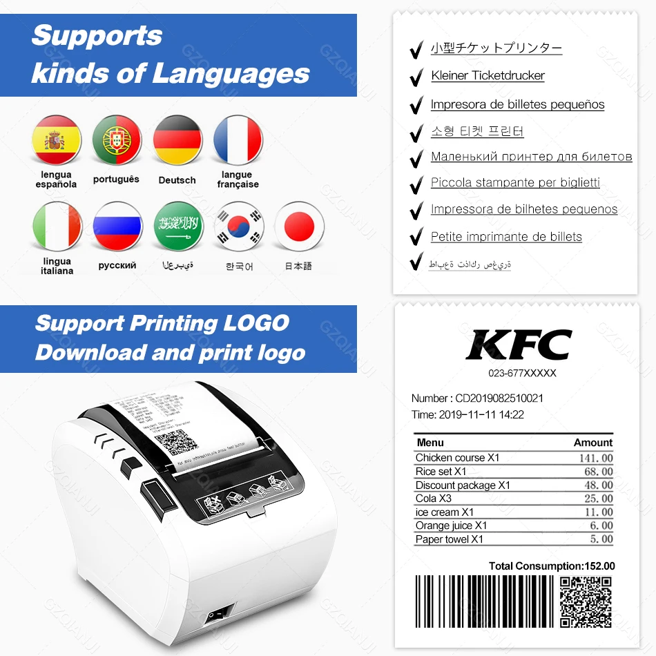 Термопринтер для чеков 80 мм POS-принтер кухни ресторана USB Bluetooth Wi-Fi Lan-порт принтер