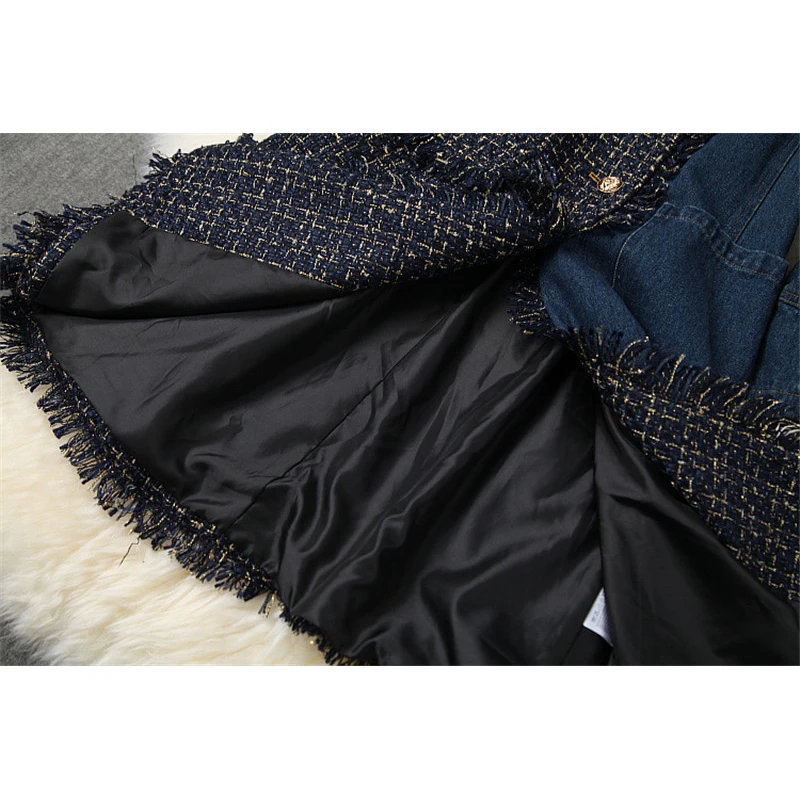 Patchwork Women 2021 Denim Plaid Vintage Long Wool Blend Overcoat Outerwear Runway Fashion Winter Tweed Woolen Jackets and Coat
Patchwork Women 2021 Denim Plaid Vintage Long Wool Blend Overcoat Outerwear Runway Fashion Winter Tweed Woolen Jackets and Coat