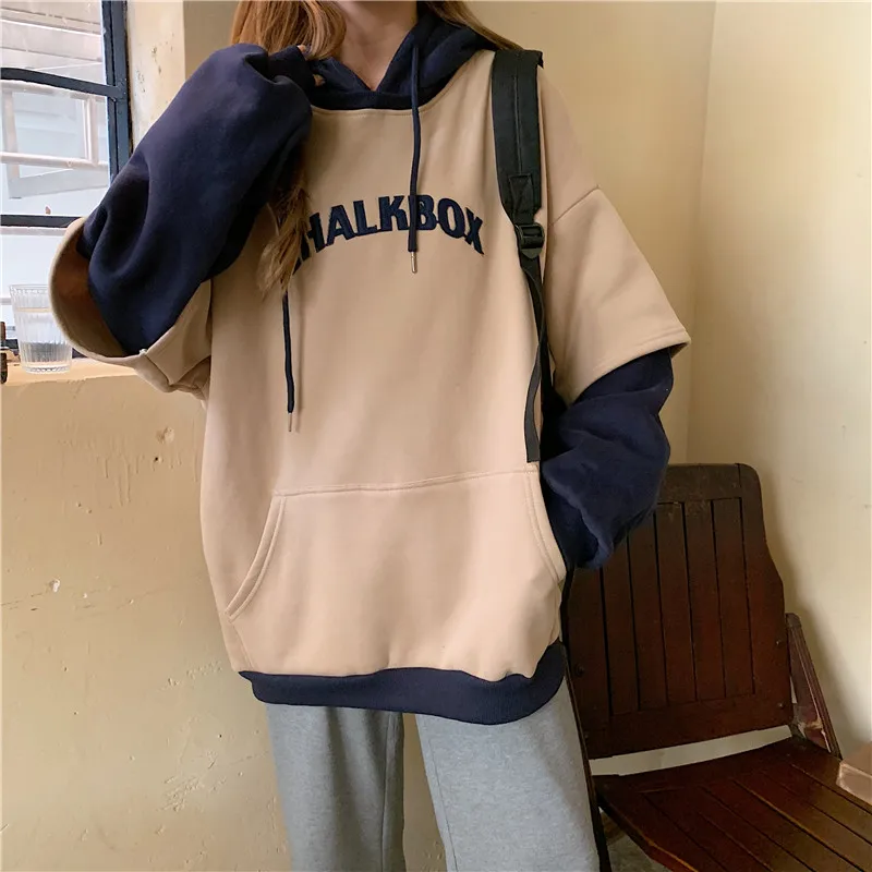 Hoodies Women Spring Oversize Patchwork Hooded Long Sleeve Harajuku Students Casual Sweatshirts Fake Two Piece Thicken Trendy 
Hoodies Women Spring Oversize Patchwork Hooded Long Sleeve Harajuku Students Casual Sweatshirts Fake Two Piece Thicken Trendy
