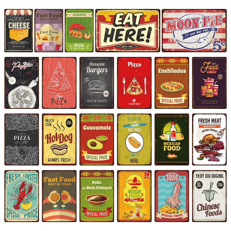 

Металлический плакат с табличкой, фаст-фуд, пицца, хот-доги, специальная цена, свежее мясо, винтажный жестяной плакат, Декоративные плакаты д...