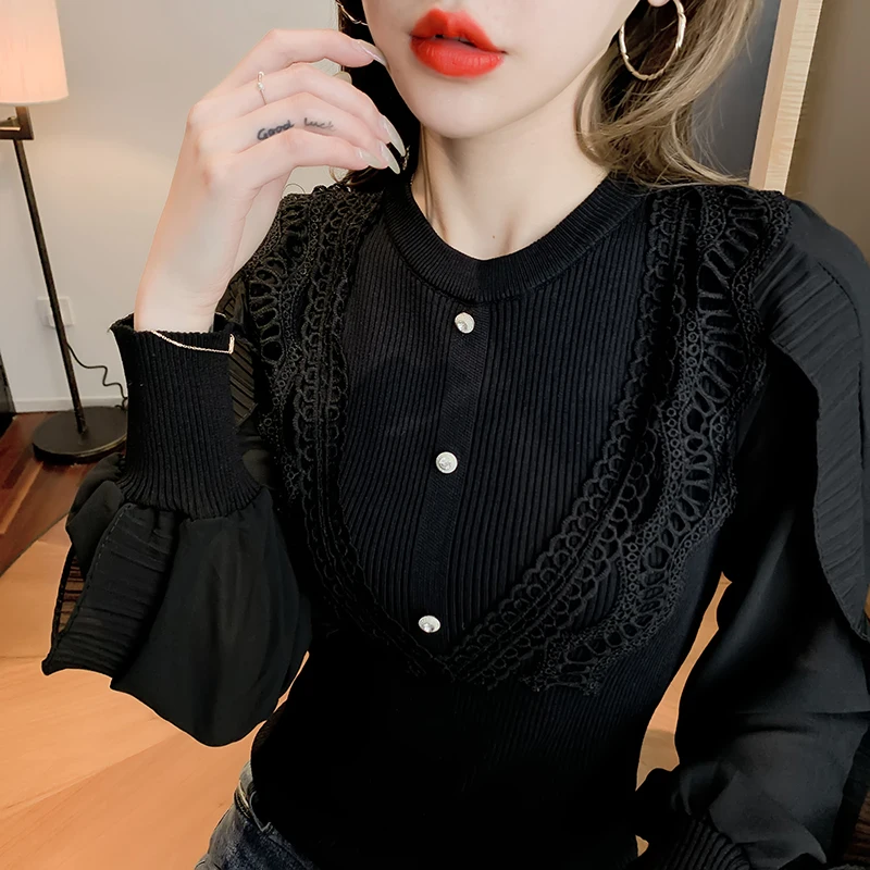 Spring Autumn Women chiffon lace Knitted Sweater Beige O-neck Slim pullovers Tops Ruffles Jumpers Fashion Femlae New YNZZU 1T121
Spring Autumn Women chiffon lace Knitted Sweater Beige O-neck Slim pullovers Tops Ruffles Jumpers Fashion Femlae New YNZZU 1T121